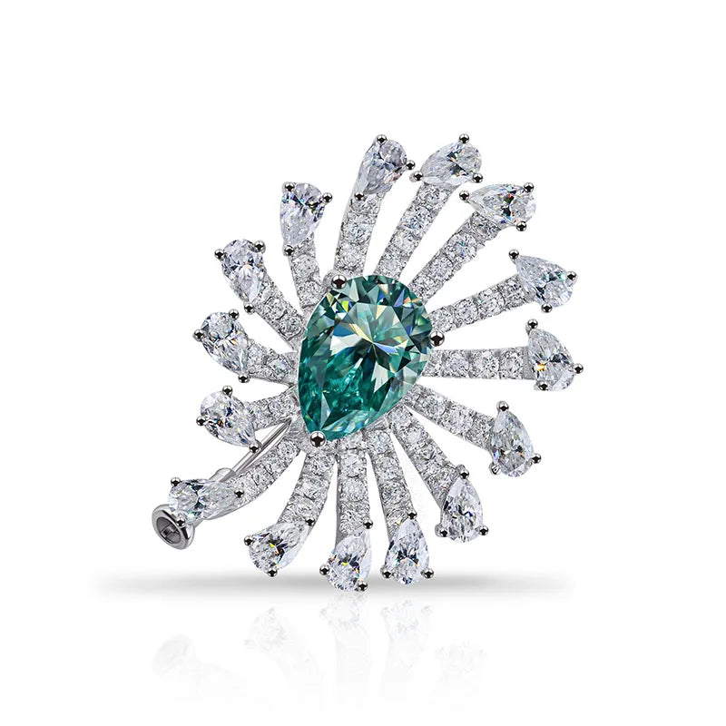 GIGAJEWE 9x13mm Pear Cut Cyan Brown Moissanite Sunburst Brooch 925 Sterling Silver Luxury Animal Flower Lapel Pin for Women