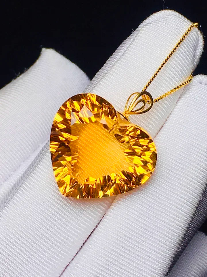 Natural Heart Citrine Pendant Necklace Jewelry for Women Men Gift 18K Gold Brazil Healing Crystal 18mm Beads Gemstone