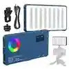 Rectangular RGB LED video light panel with a color control dial, power cables, and a small mounting stand.