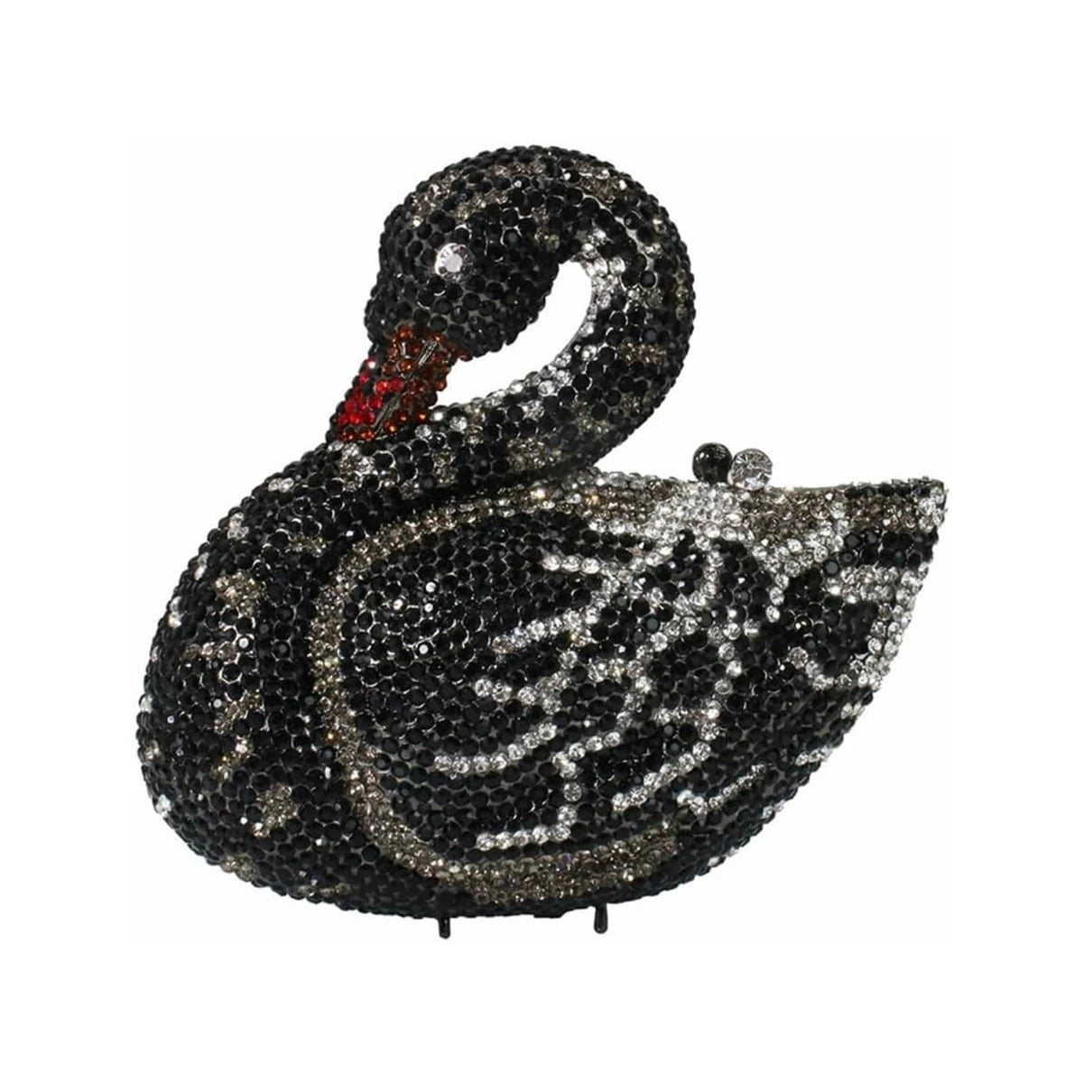 Black swan designer evening clutch encrusted with sparkling black and clear crystals for formal parties.