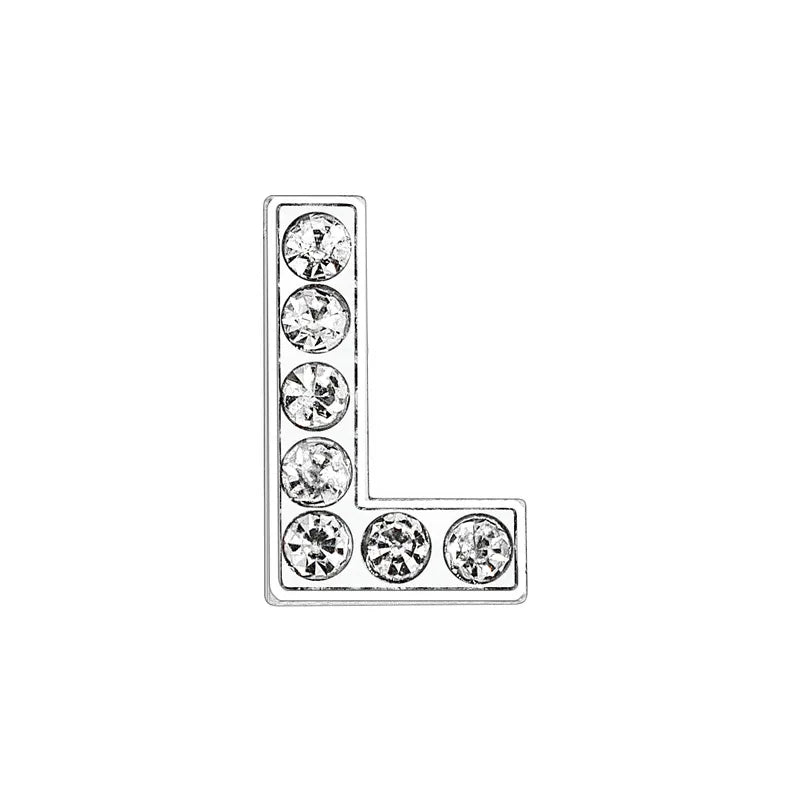 Rhinestone letter L slide charm for 8mm pet collars. DIY silver alphabet accessory to personalize your dog's collar.