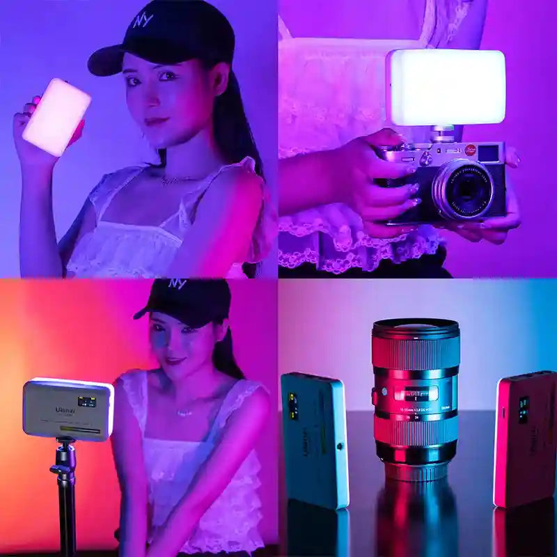 Rectangular portable LED video light with a soft-diffused panel, used for camera mounting or handheld lighting.
