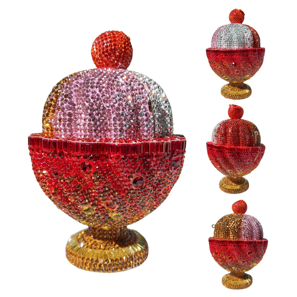 Sparkly ice cream sundae crystal clutch bag with red, pink, and gold rhinestones. Luxury novelty evening handbag.
