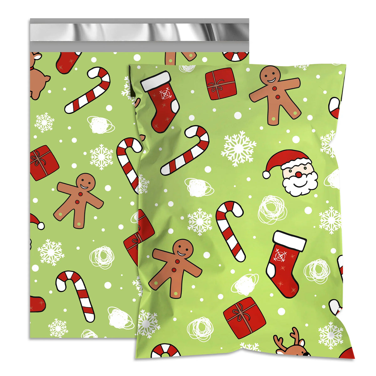 Printed poly mailer shipping bag, light green with candy canes, gingerbread men, and holiday gifts.