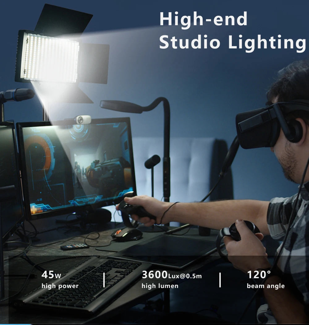 Rectangular black LED studio light panel mounted above a desk, providing bright illumination for gaming or streaming.