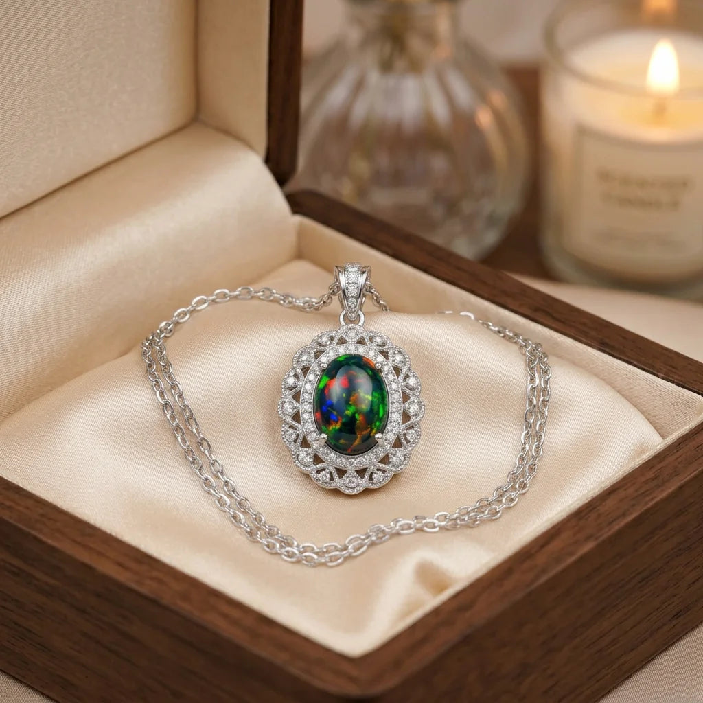 Mehrajuddin Gems Opal Oval Cut Link Pendant Necklace Silver Plated Alloy Classic Children's Solitaire Wings Bezel Setting Gift
