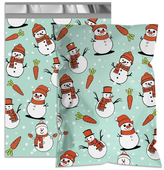 Light mint Christmas poly mailer with snowmen, carrots, and scarf characters pattern