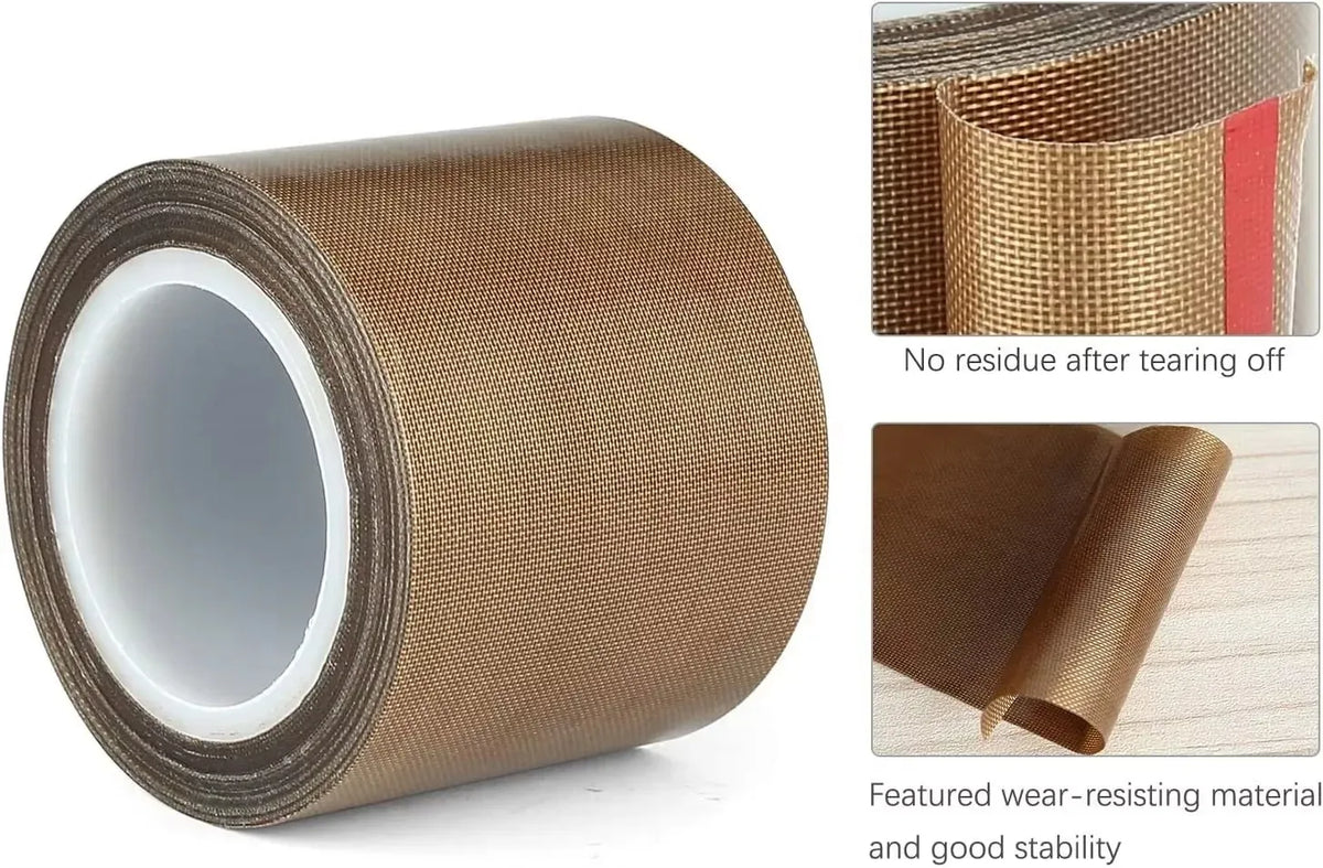 Brown PTFE-coated tape roll with clear inner core and layered fabric edge