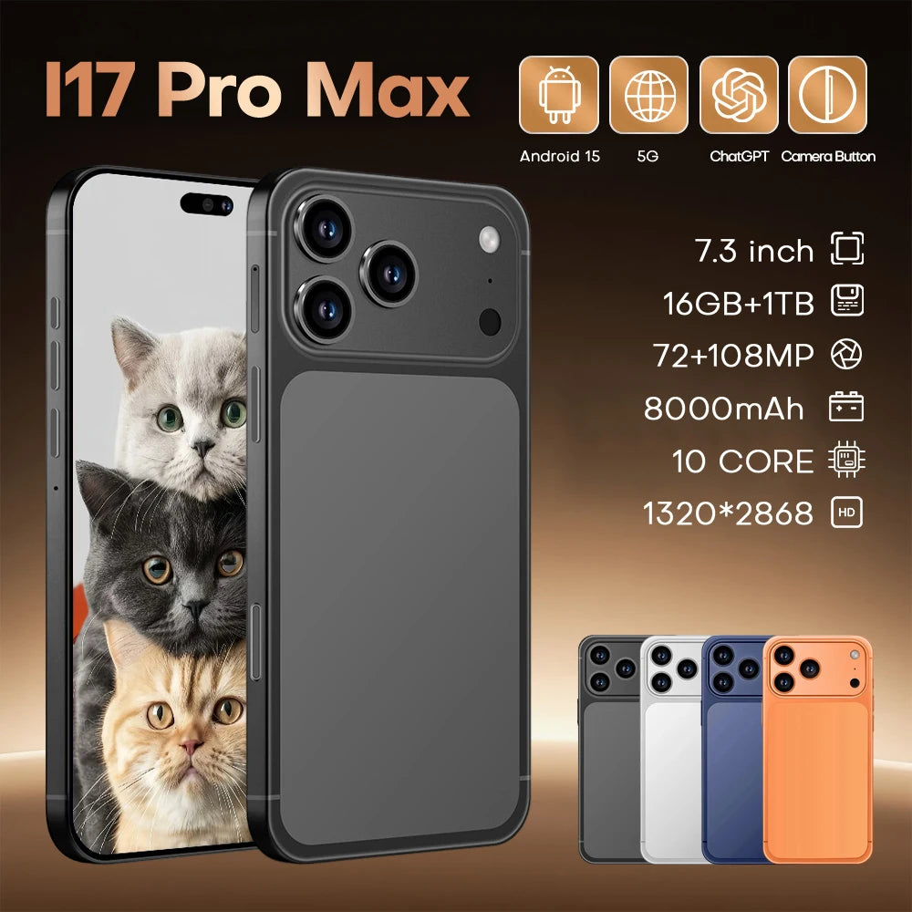 I17 Pro Max 5G Smartphone, 7.3 Inch HD, 16GB RAM, 1TB Storage Black 16g 1TB Tidesmit