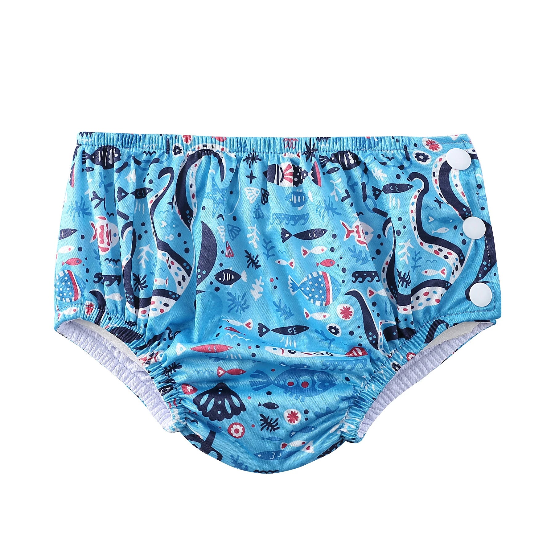 Blue reusable baby swim diaper with ocean fish and octopus print and side snap buttons.