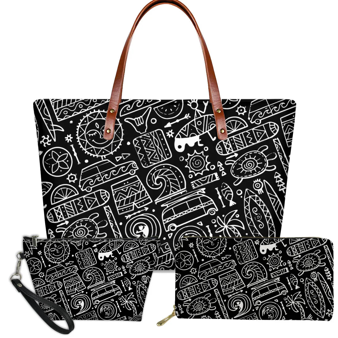 3-piece black and white handbag set with Polynesian tribal doodle print, turtle icons, trunks, and brown leather straps.