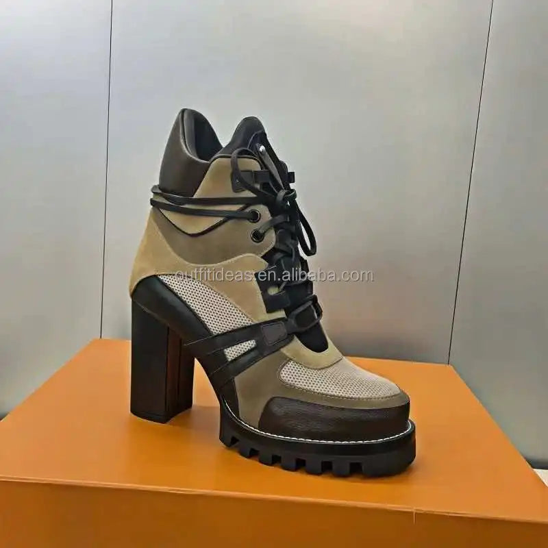 Original Sole Genuine Leather Patent Monogram Platform 3.1 Inch High Heel Calfskin Women Leather Laces Star Trail Ankle Boot