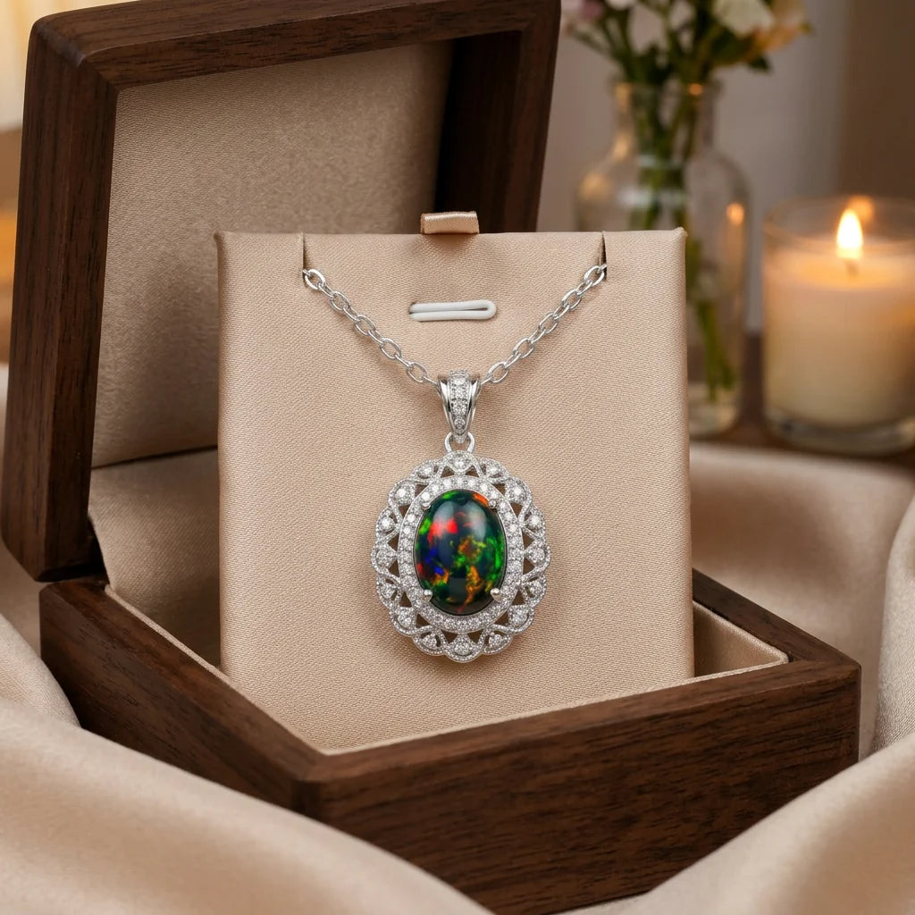 Mehrajuddin Gems Opal Oval Cut Link Pendant Necklace Silver Plated Alloy Classic Children's Solitaire Wings Bezel Setting Gift