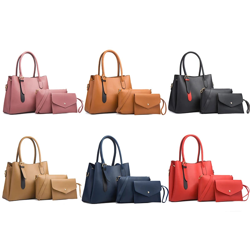 4-piece foldable satchel set in various colors, crafted from faux leather with top handles and gold-tone hardware.
