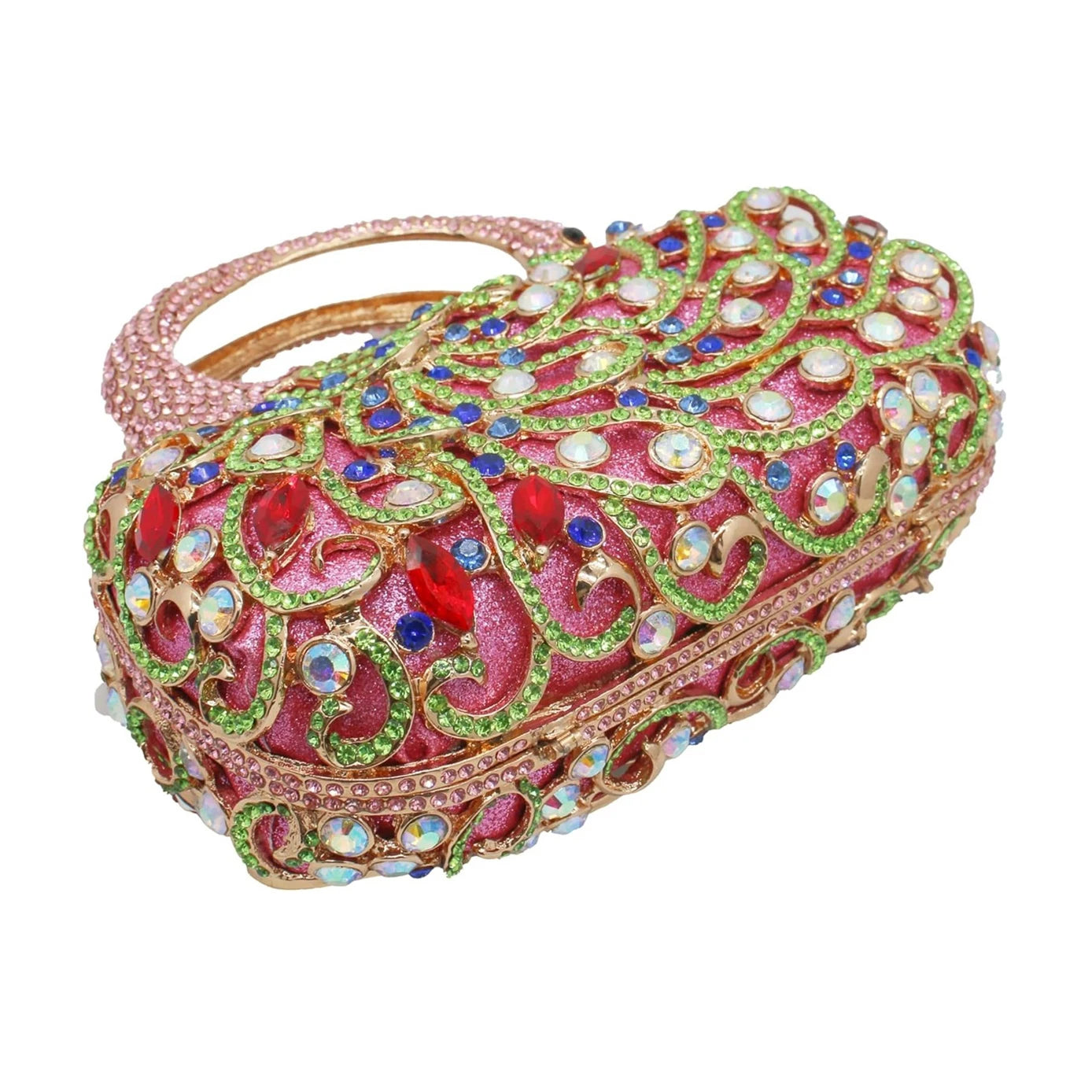 Pink rhinestone peacock evening clutch, designer handbag with crystal filigree, gold accents, and round handle.
