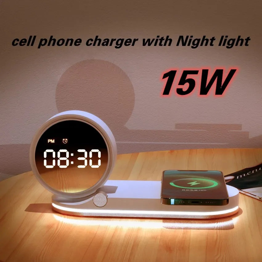 3-in-1 Wireless Charger with Digital Clock - 15W Fast Charge (White) Tidesmit