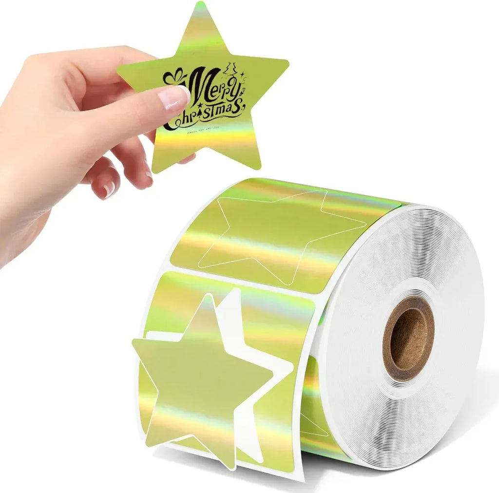 Gold star reflective thermal label stickers, 3x3 inch, on roll with loose stars