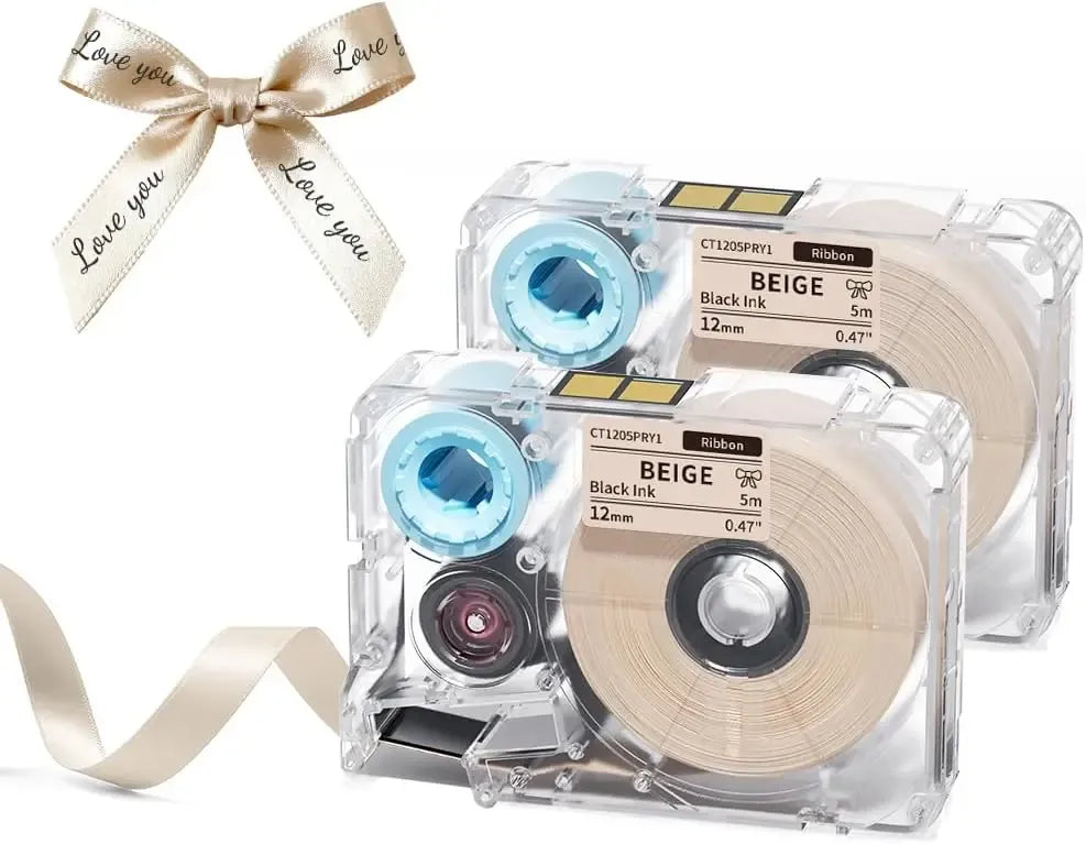 Beige satin ribbon tape with gold "Love you" print, shown in a bow with label cartridges