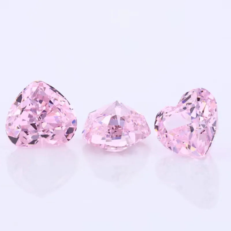 Set of three pink heart-shaped lab-grown diamonds, faceted loose stones