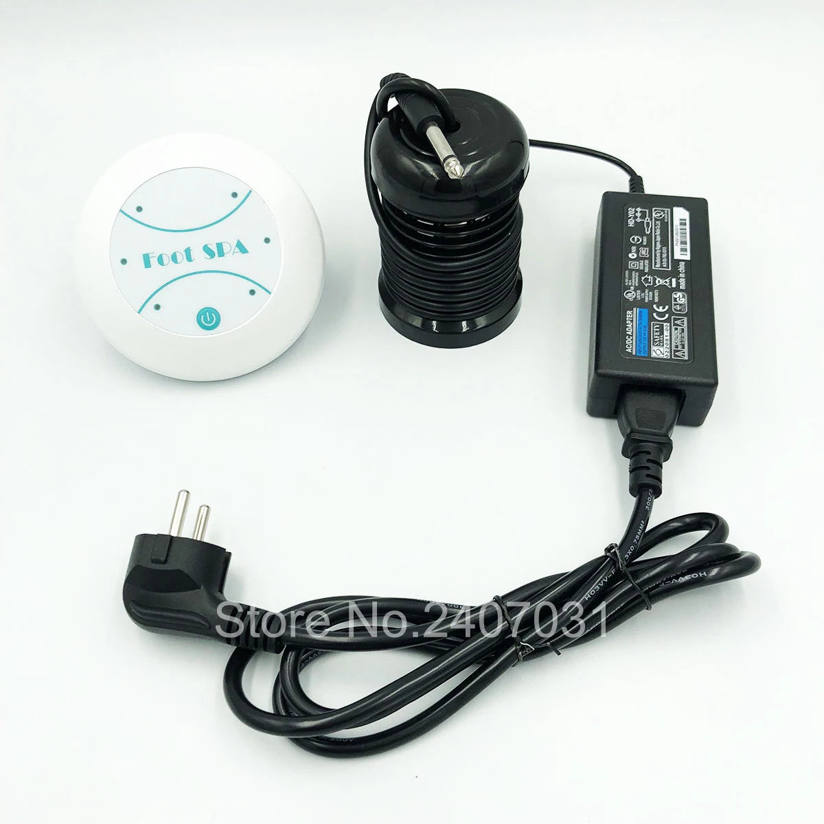 Electric ion detox foot spa machine with white control unit, black round array, power adapter, and wall plug cord.