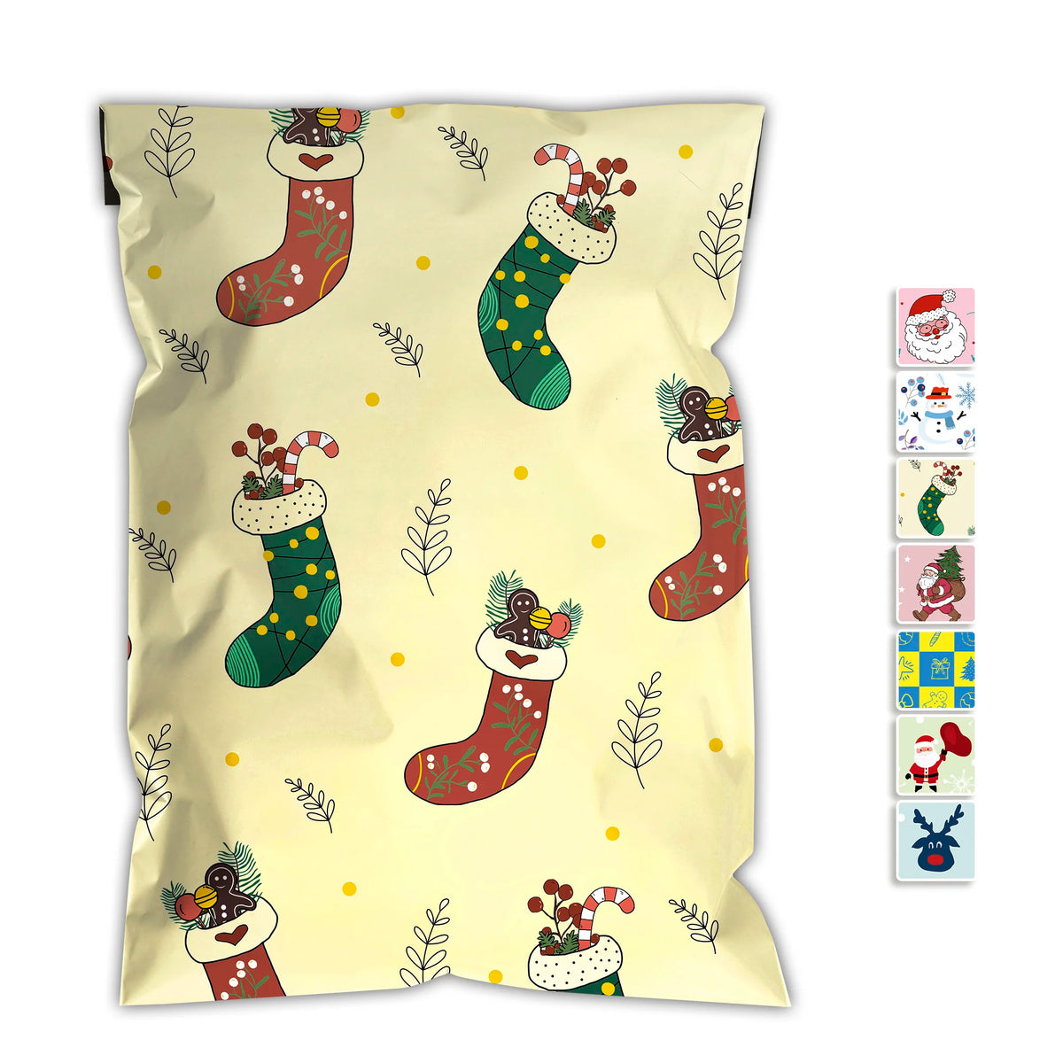 Printed poly mailer shipping bag, pale yellow with Christmas stockings, candy cane, and teddy bear.