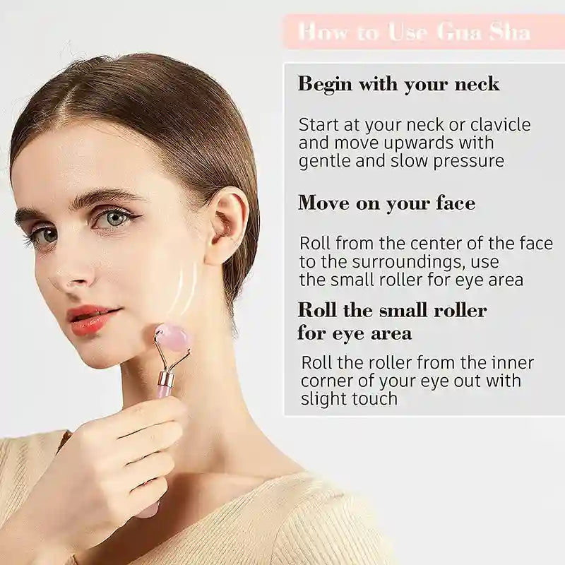 Rose Quartz Face Roller and Gua Sha Set - Premium Facial Massage Tool Massage Roller Tidesmit