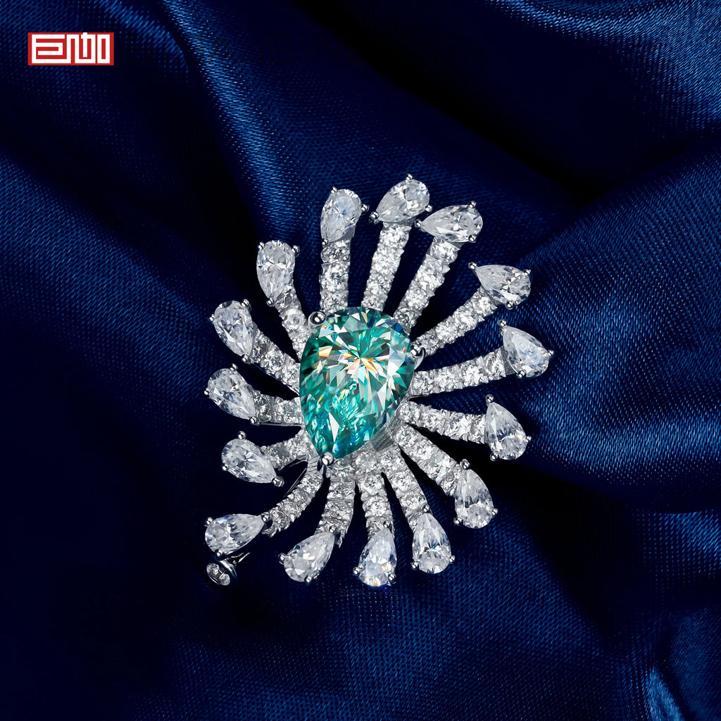 GIGAJEWE 9x13mm Pear Cut Cyan Brown Moissanite Sunburst Brooch 925 Sterling Silver Luxury Animal Flower Lapel Pin for Women
