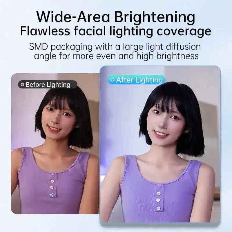 Side-by-side comparison of a person showing improved, even facial brightness for makeup and video recording.