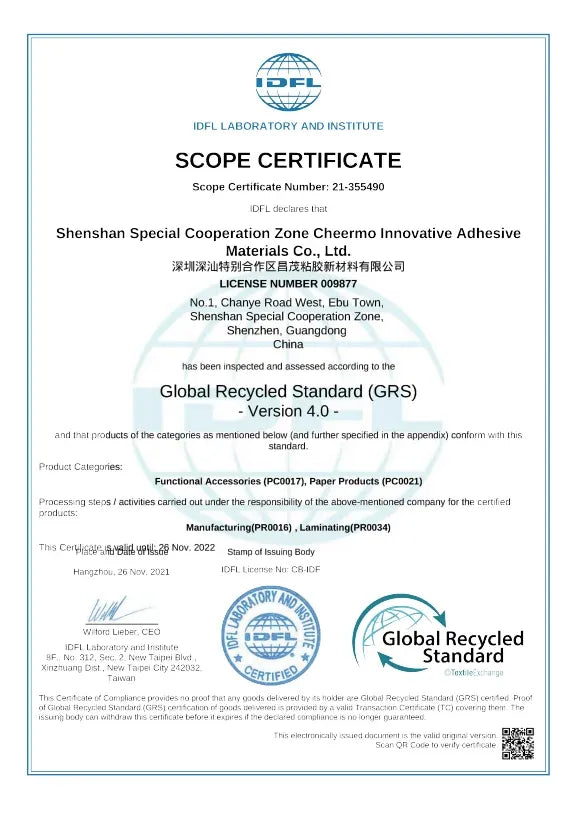 IDFL scope certificate document with Global Recycled Standard and logos