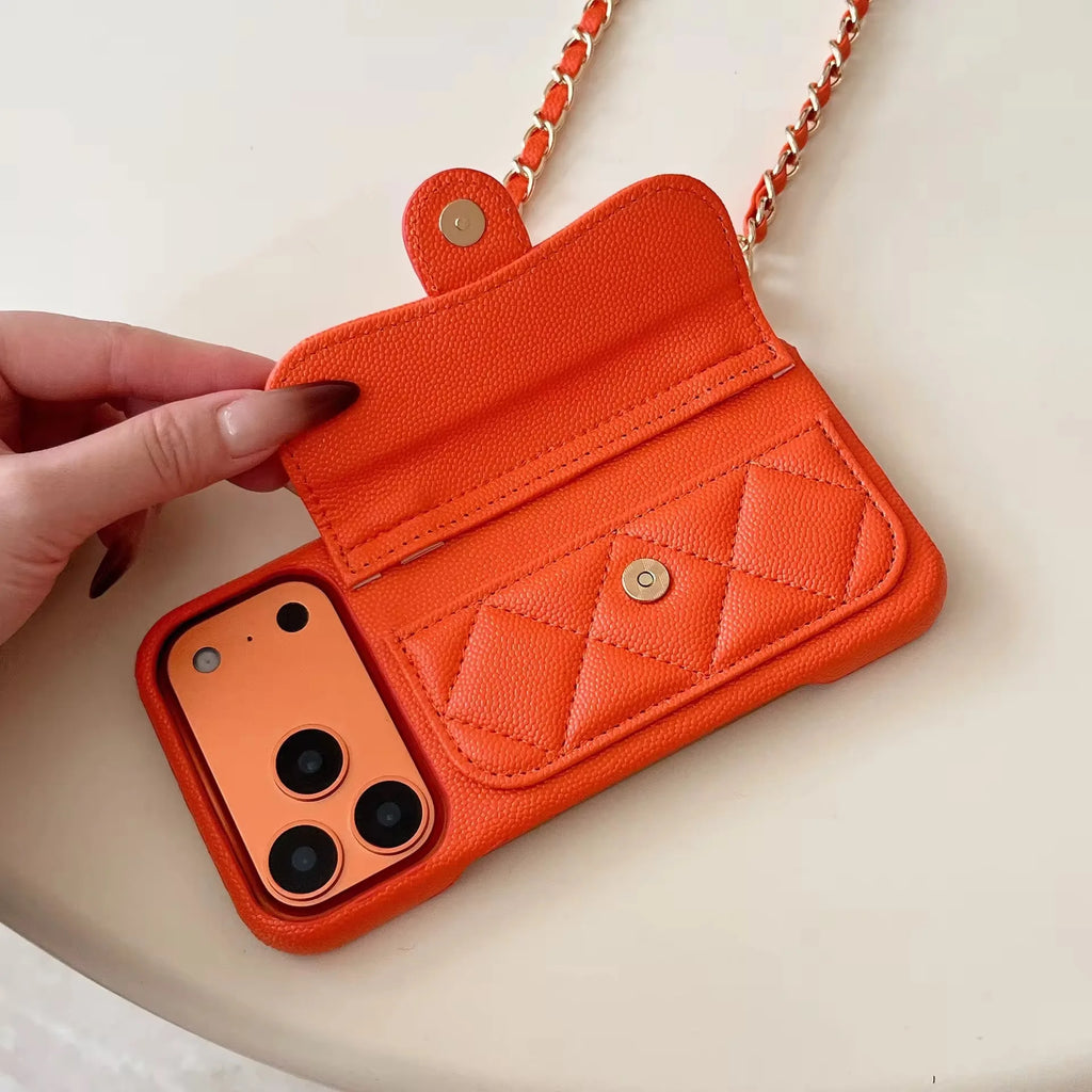 High End Embossed PU Leather Solid Color Crossbody Chain Wallet Card Anti-drop Cover Mobile Phone Cases for 15 Pro