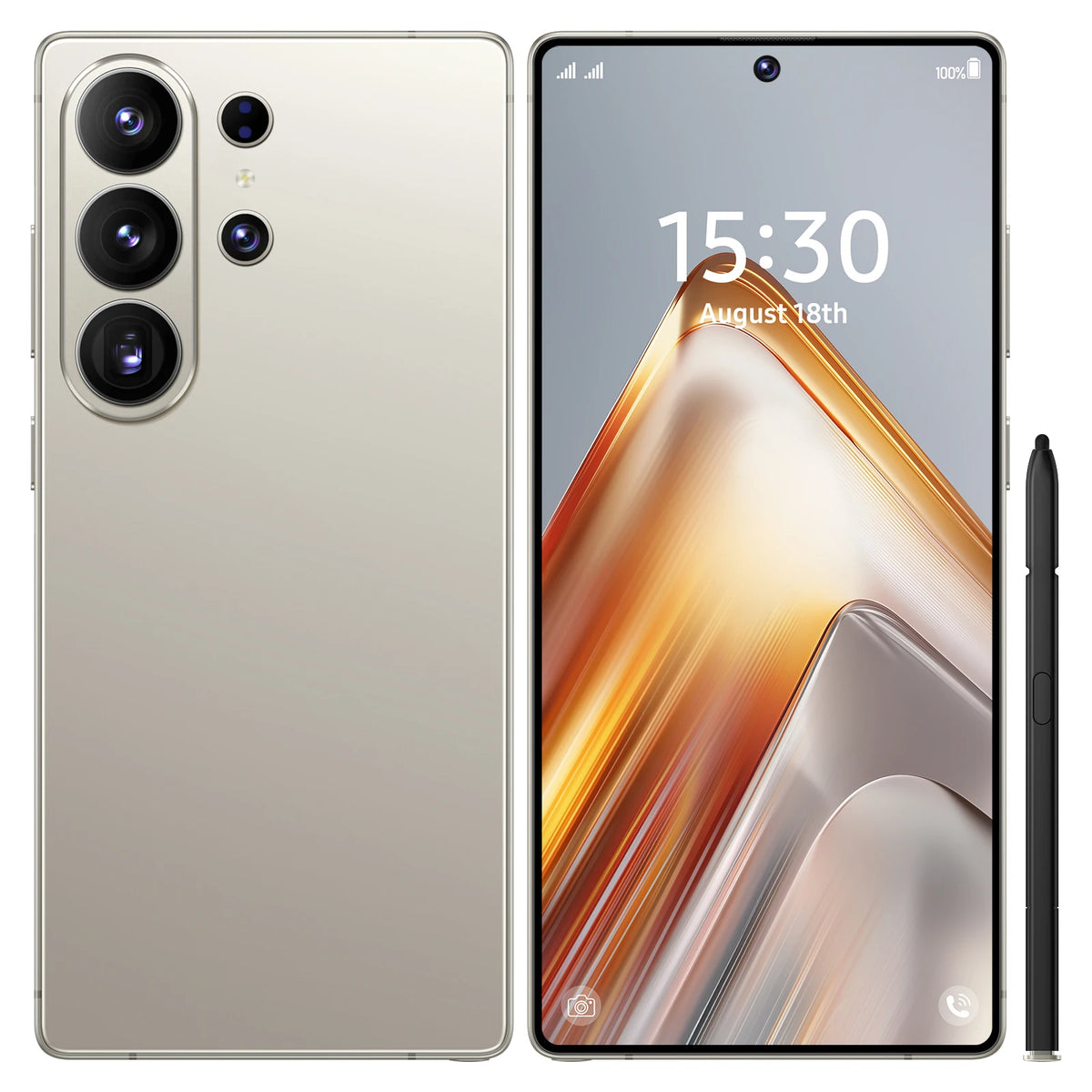 White smartphone with triple rear cameras and stylus, front screen with orange swirl
