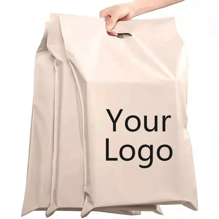 Tan poly mailer envelope with handle and printed “Your Logo” text in black