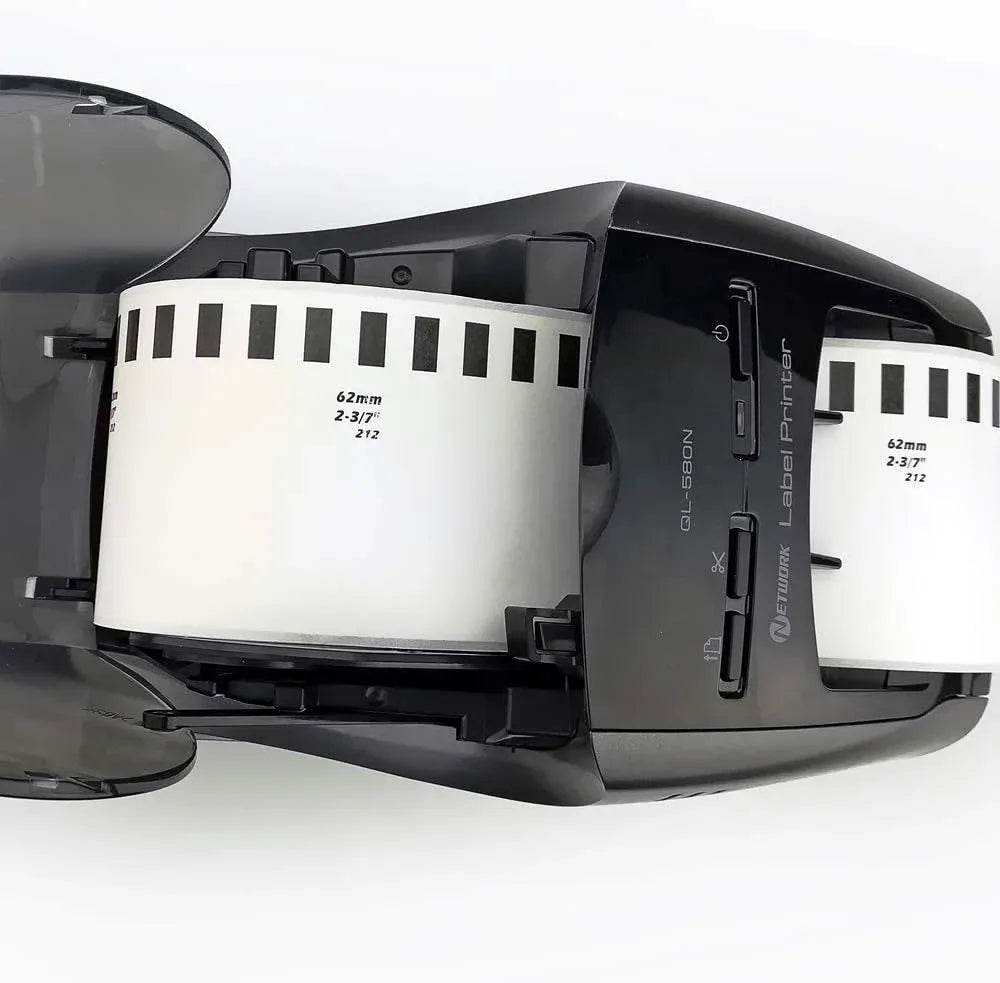 White continuous label rolls loaded in a thermal label printer