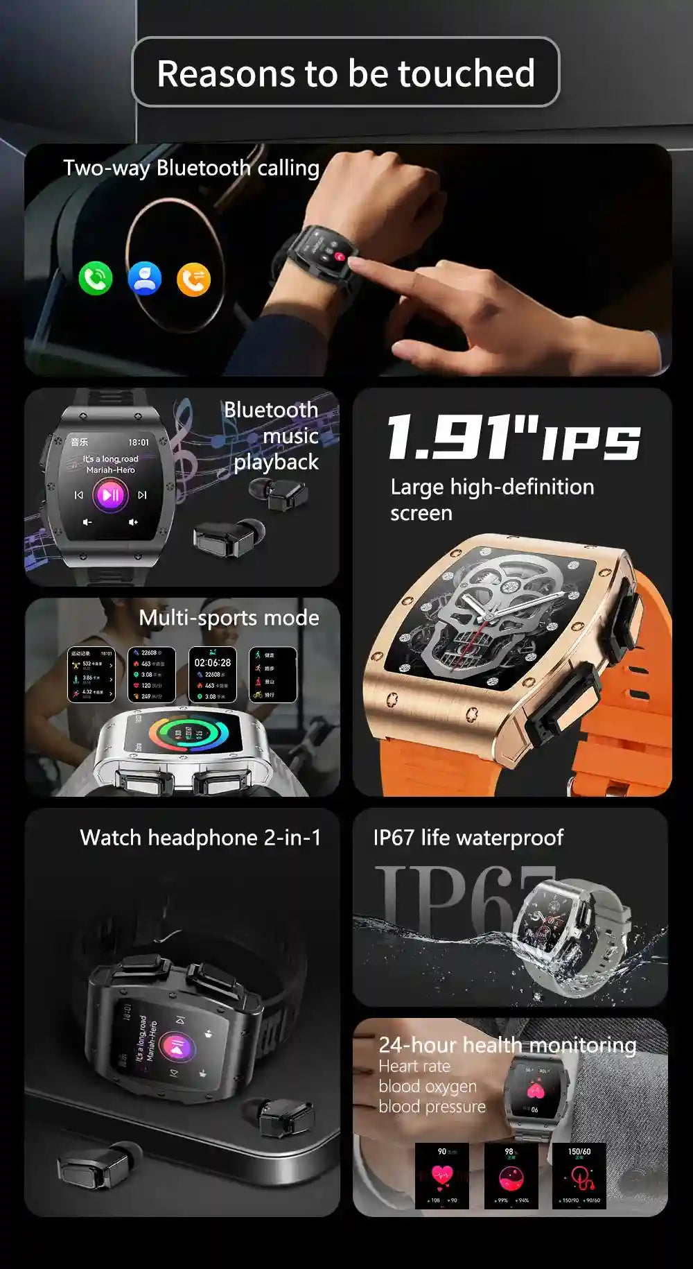 Tidesmit JM09 Smartwatch With Wireless Earbuds - IP67 Waterproof Fitness Tracker Tidesmit