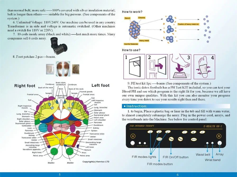 Dual ionic detox foot spa machine instruction manual with far infrared belt, control panel, and foot reflexology chart.