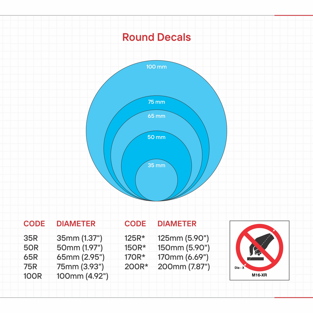 Round decals size guide graphic with concentric blue circles and diameter labels