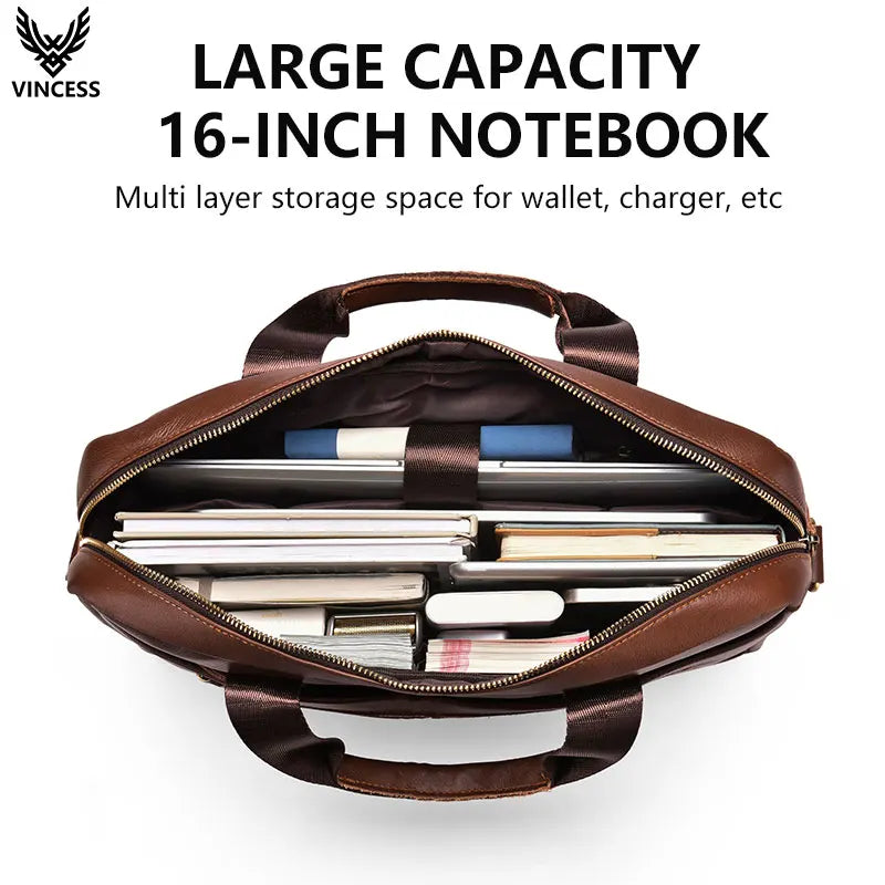 VINCESS brown leather laptop briefcase, zippered executive handbag with organized interior for 16-inch notebook.