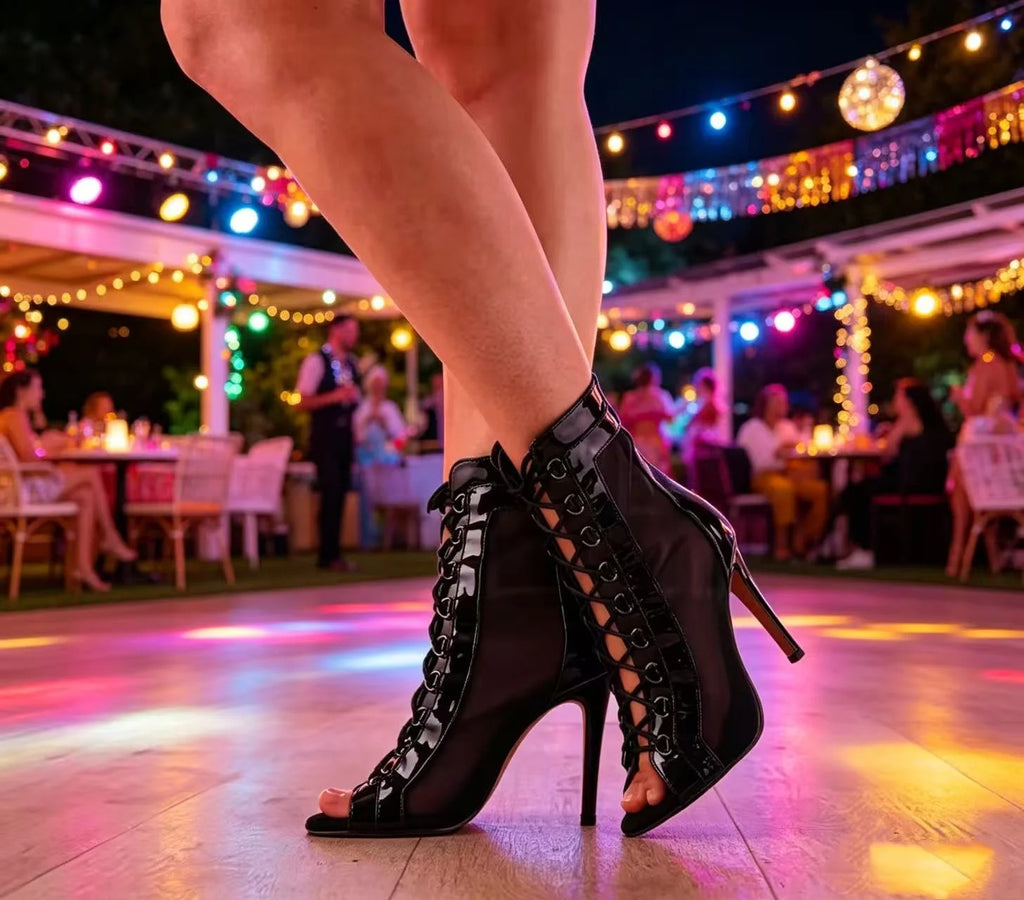 9.5cm Red Dance Heels Latin Boots Open Toe Ballroom Swing Performance Jazz Bachatas Dancing Shoes for Women
