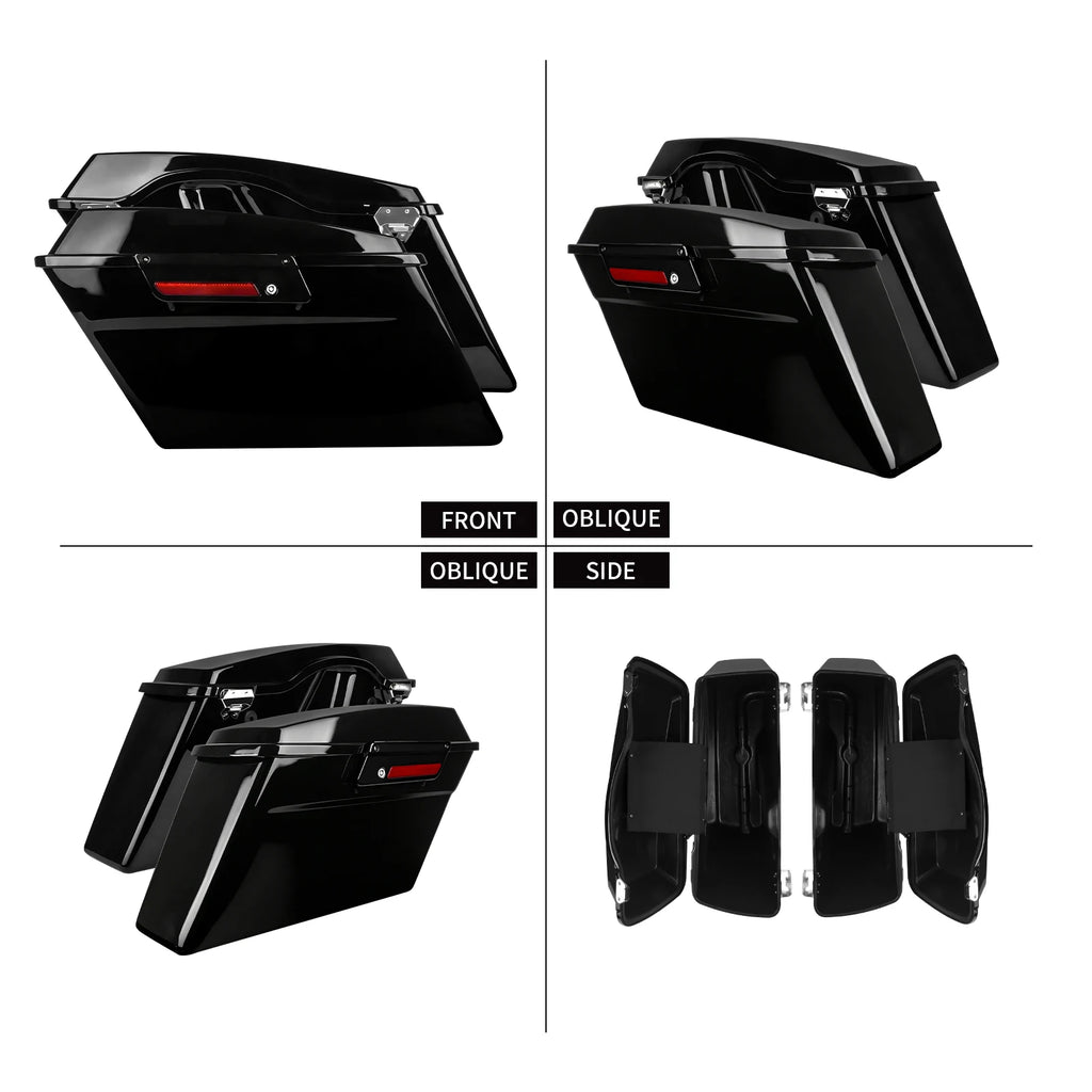 Black motorcycle hard saddlebag trunks with chrome latches for Harley Touring Road Glide 1994-2013.