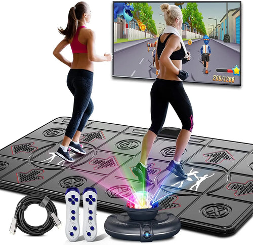 Dance Mat Game for TV with motion sensing, dual wireless controllers, and non-slip smart yoga mat for two-player fitness.