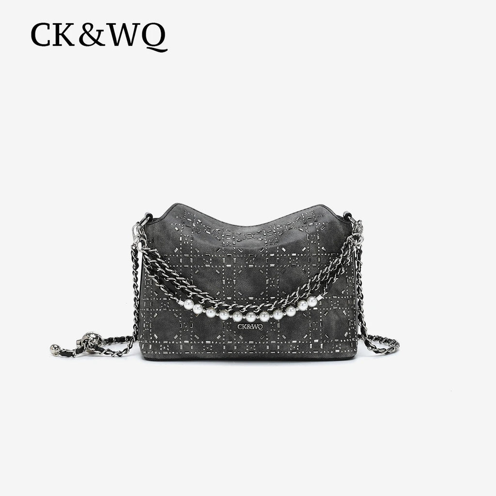 Grey denim hobo designer handbag with rhinestone grid, pearl chain strap, and crossbody style for parties.