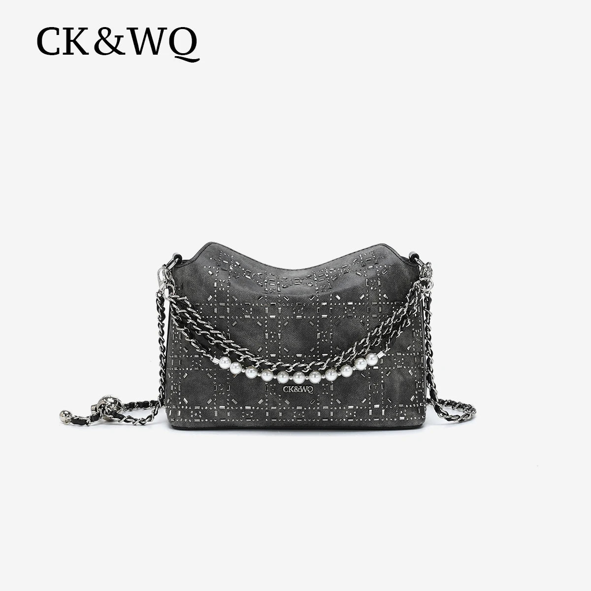 Grey denim hobo designer handbag with rhinestone grid, pearl chain strap, and crossbody style for parties.