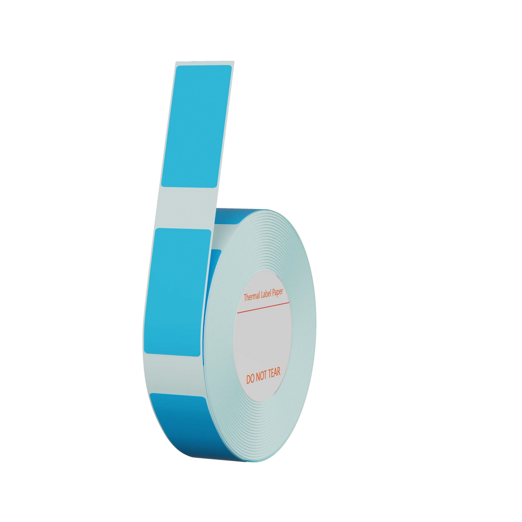 Blue thermal label sticker roll with stacked blue label sections and red warning text