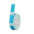 Blue thermal label sticker roll with stacked blue label sections and red warning text