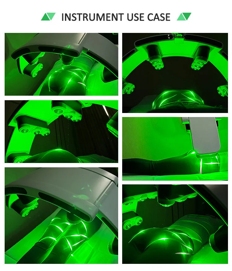 Standing LLLT fat burning machine emitting green light therapy on body for painless weight loss and fat removal.