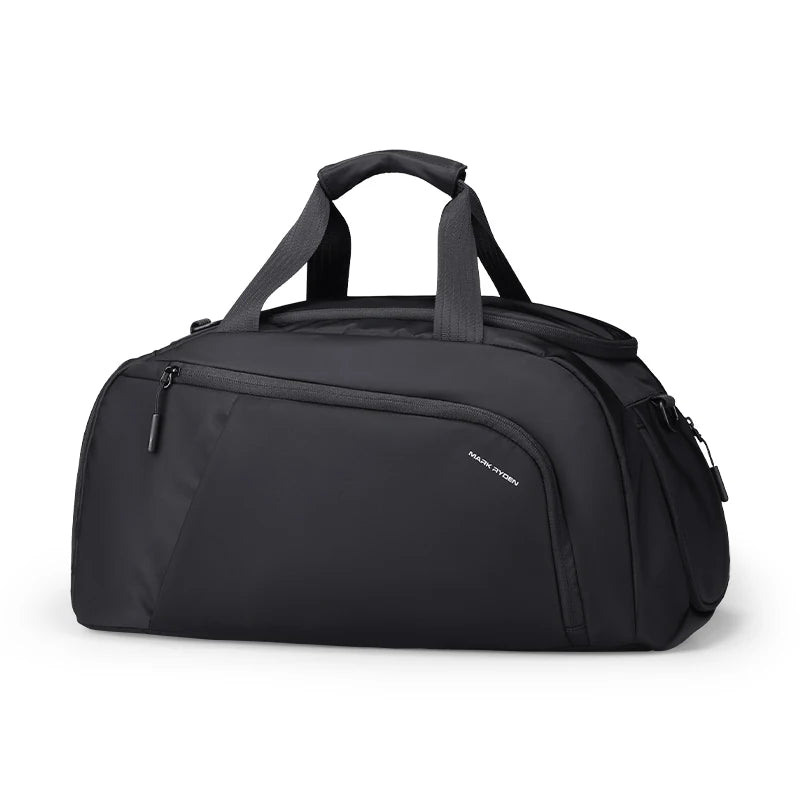 Mark Ryden black waterproof travel duffel bag with gym shoe compartment, sleek handles, and minimalist design.