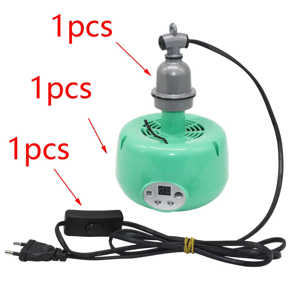 Green 300W thermostatic heating lamp for chicken coops and reptile enclosures with digital temperature control.