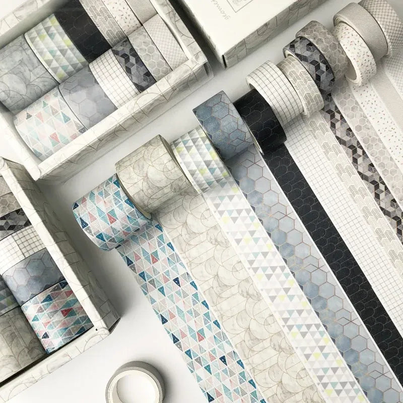 Gray and white washi tape rolls set with geometric and grid patterns, single-sided