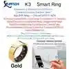 K3 gold-colored smart ring with sensors on the inner band for health tracking and wireless smartphone connectivity.
