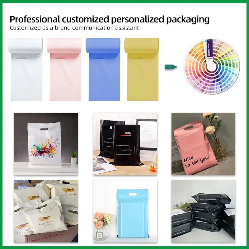 Custom pre-opened poly bags in white, pink, blue, and yellow with printed examples